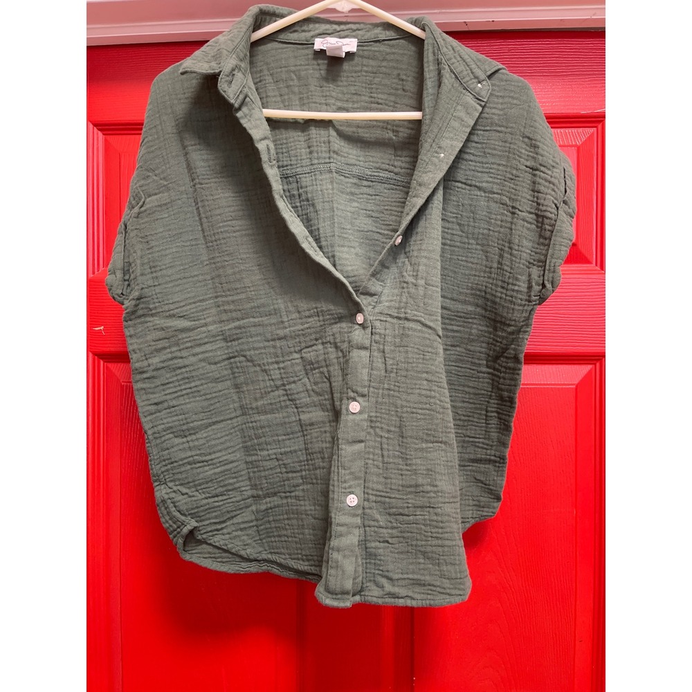 Jessica Simpson Olive Green Double Gauze Short Sleeve Button Down Blouse Medium